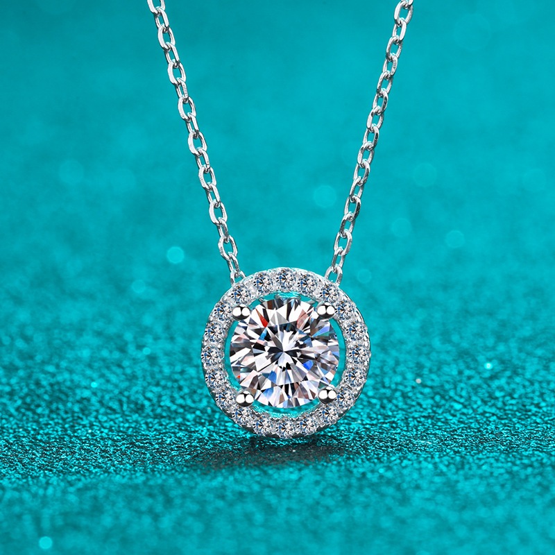จริง Moissanite 2ct 1ct 0.5ct Halo รอบสร้อยคอ GRA Halo การตั้งค่าสีขาว D จี้หรูหราใน S925 เงินสเตอร์