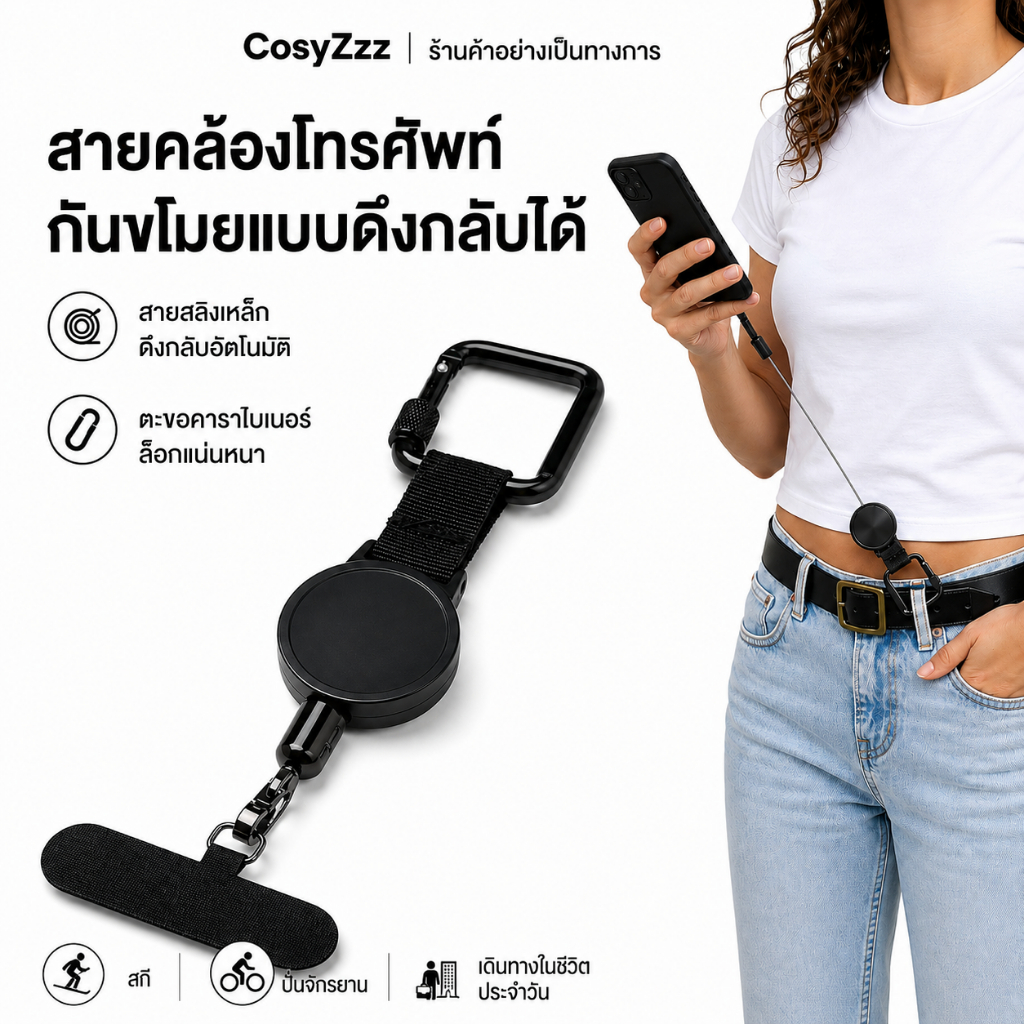 สายคล้องโทรศัพท์แบบดึงกลับ พร้อมคาราบิเนอร์ล็อก สายเหล็ก และแผ่นคล้องมือถือ สำหรับเดินทาง