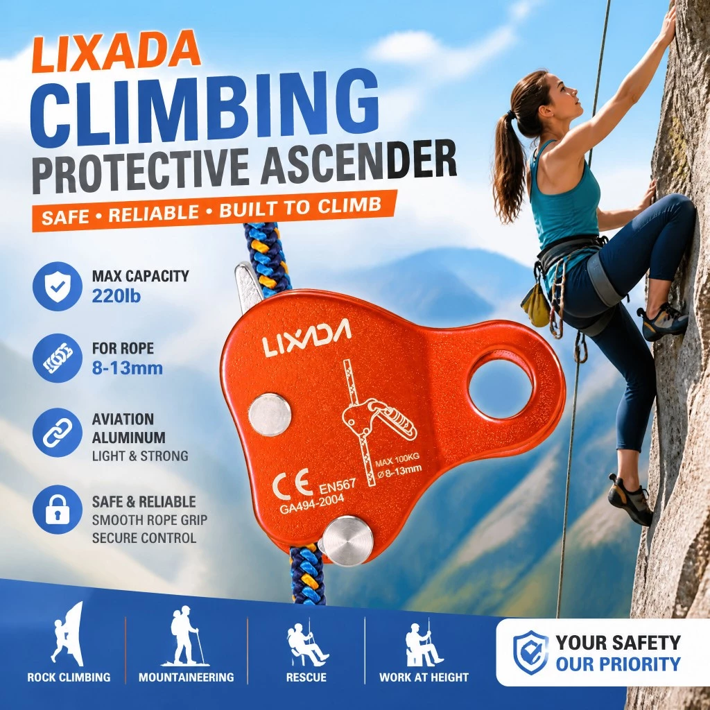 Original Lixada ปีนเขาป้องกัน Ascender 220LB ปีนเขา Belay อุปกรณ์เชือก Grip ปีนเขากลางแจ้ง Rigging 8-13 มม.เชือก