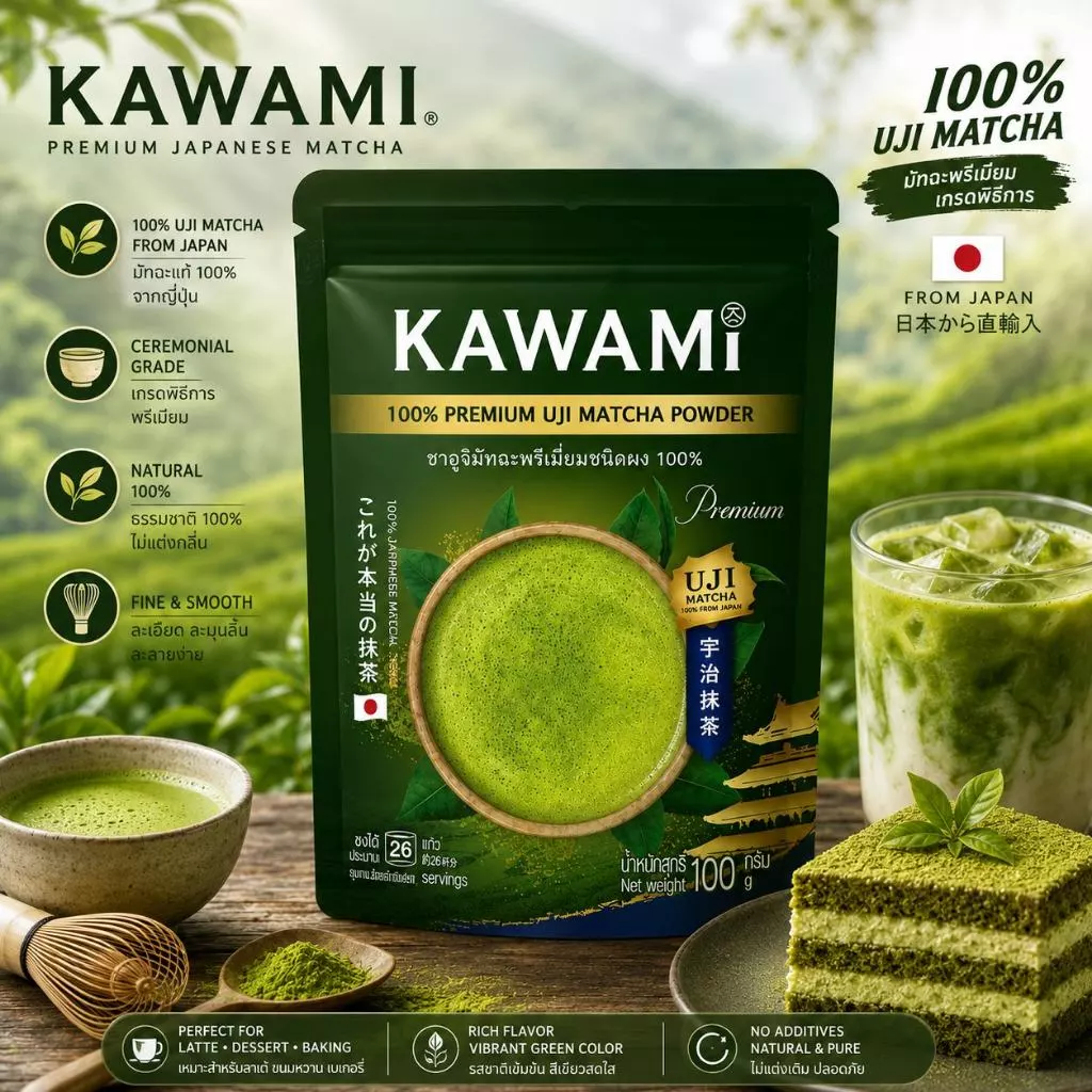 KAWAMI ผงชาเขียวยูจิมัทฉะ 100% 100g | มัทฉะญี่ปุ่นพรีเมี่ยมสําหรับลาเต้สมูทตี้เบเกอรี่และเครื่องดื่มทุกวัน