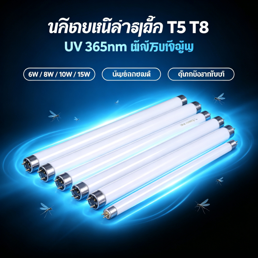 หลอดไฟดักยุง T5 T8 (6W / 8W / 10W / 15W) หลอด UV 365nm แสงสีฟ้า ล่อแมงมุม แมลงวัน ยุงร้าย อะไหล่โคมไฟ