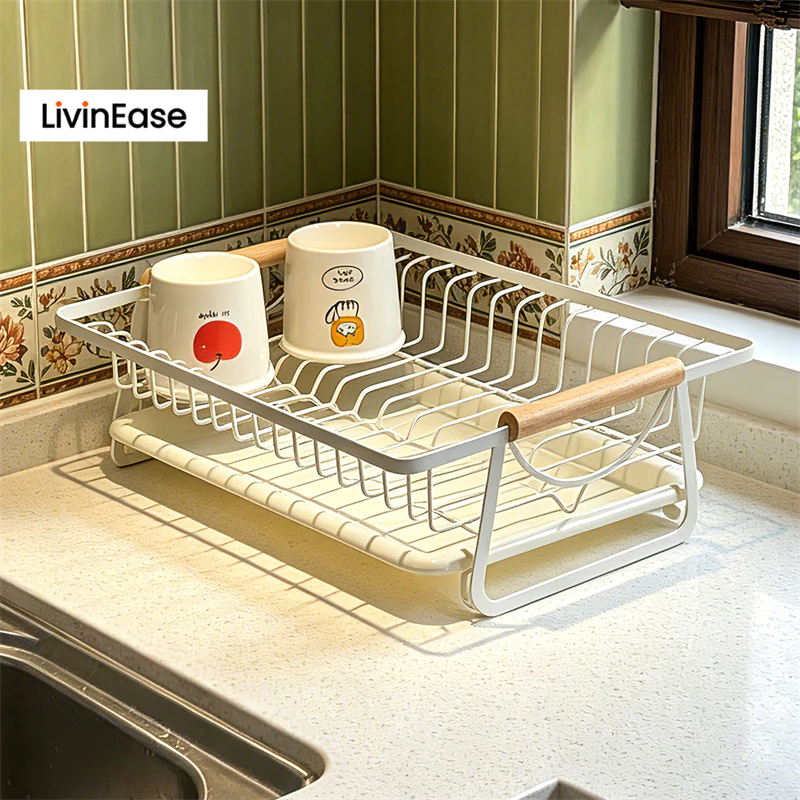 LivinEase ที่วางจานแบบมินิมอล พร้อมด้ามจับไม้ ถาดรองน้ำแบบเคลื่อนย้ายได้ ประหยัดพื้นที่สำหรับจัดระเบียบเคาน์เตอร์ครัว