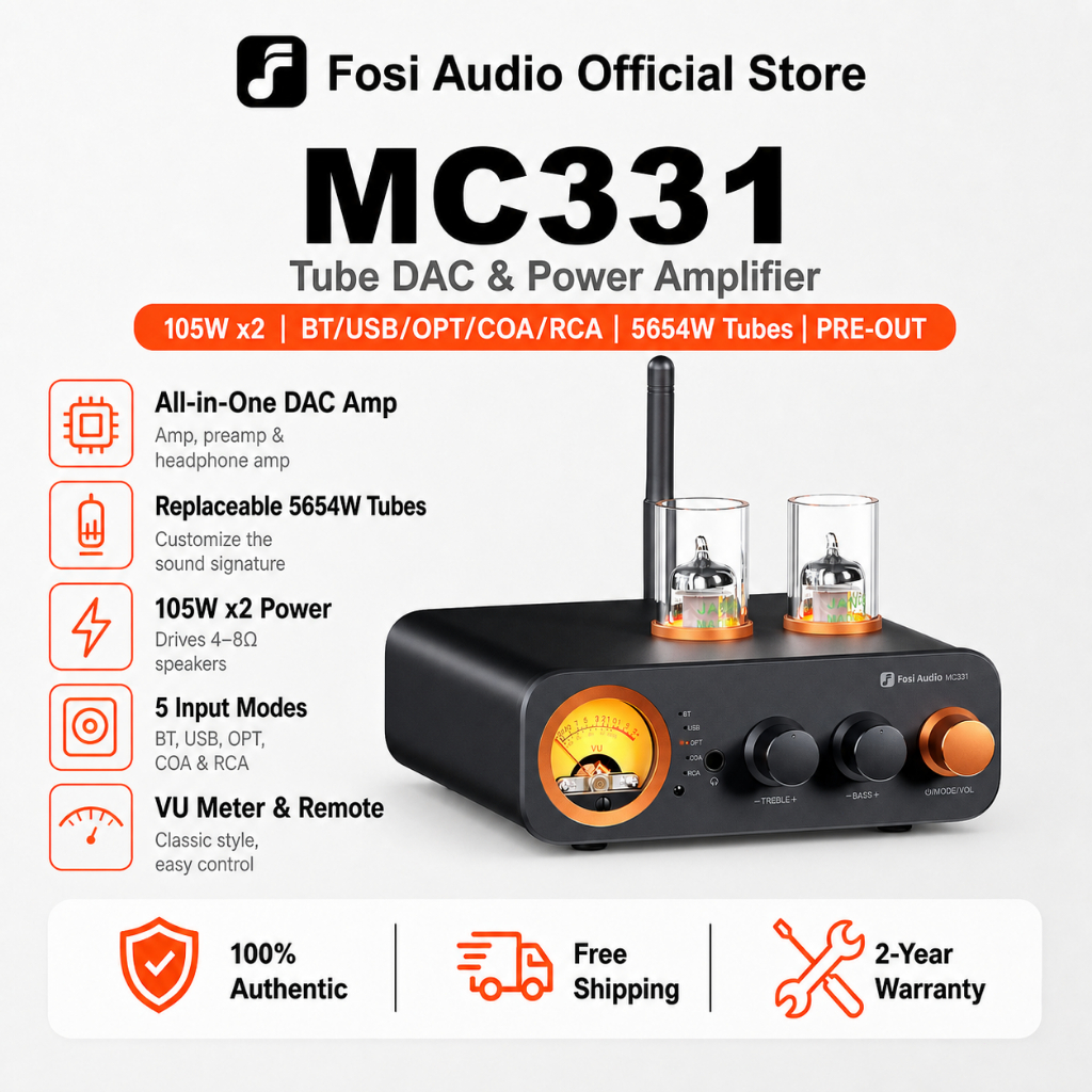 Fosi Audio MC331 หลอดเครื่องขยายเสียงแบบบูรณาการพร้อม DAC, HiFi บลูทูธสเตอริโอ Amp สําหรับชั้นวางหนั