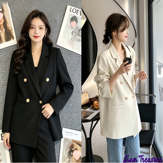 จัดส่งจากกรุงเทพฯ Blazer เสื้อสูทผู้หญิง เสื้อสูทสีกากีอารมณ์สบาย ๆ ใหม่ของผู้หญิง มี 4 สี，สไตล์โลหะสี่ปุ่ม