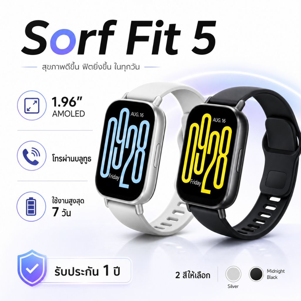 Sorf Fit 5 สมาร์ทวอทช์ หน้าจอ 2 นิ้ว โทรผ่าน Bluetooth วัด SpO2 แบตเตอรี่สูงสุด 7 วัน 140+ โหมดกีฬา