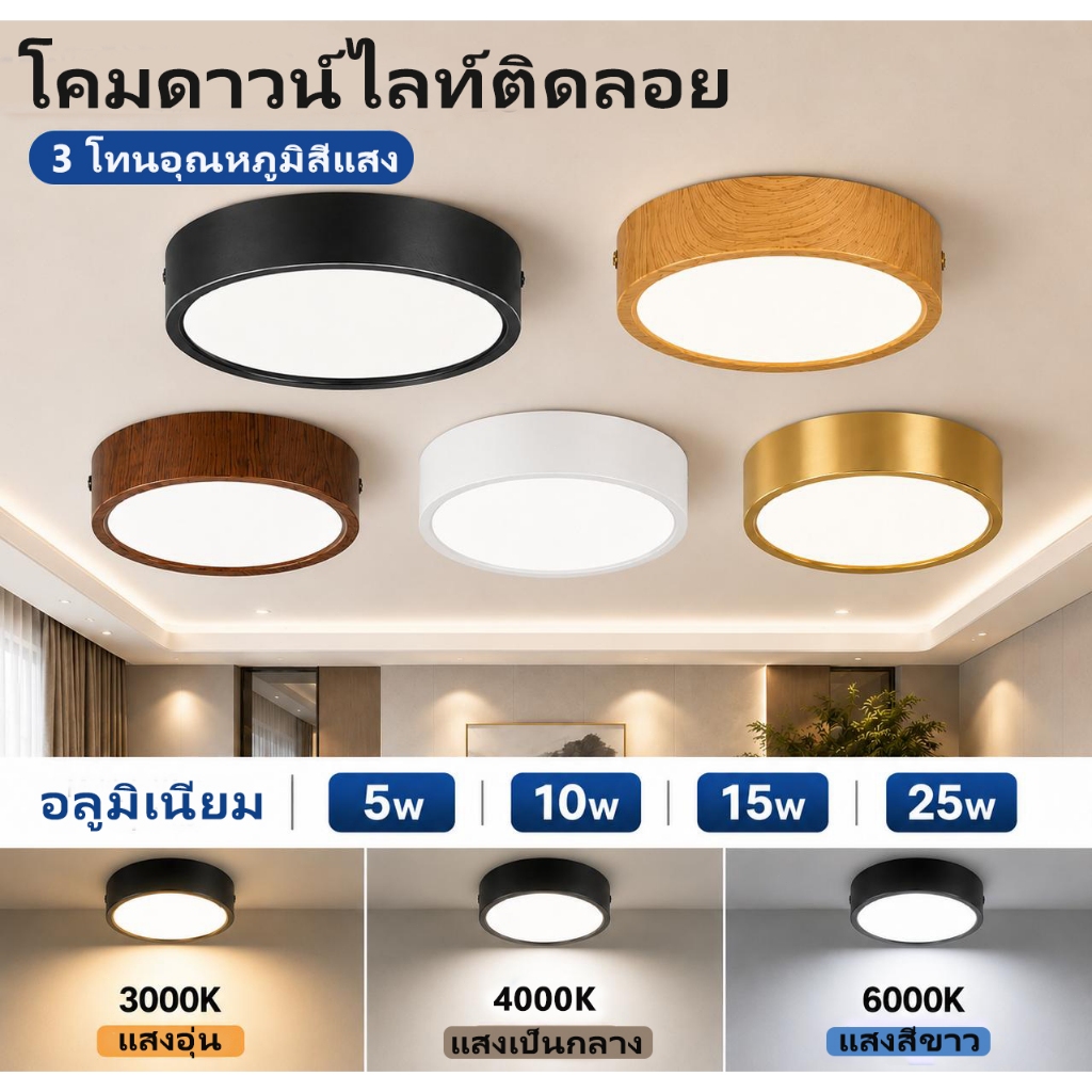 ไฟดาวน์ไลท์ LED 3สี ดาวน์ไลท์ติดลอย 25W15W10W5W โคมไฟเพดาน Downlight โคมไฟห้องนอน ห้องนั่งเล่นในร่มห้องครัวทางเดินไฟตกแต่ง