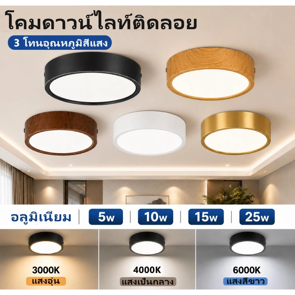 ไฟดาวน์ไลท์ LED 3สี โคมดาวน์ไลท์ติดผิว 5/10/15/25W โคมไฟเพดาน Downlight โคมไฟห้องนอน ห้องนั่งเล่นในร่มห้องครัวทางเดินไฟตกแต่ง
