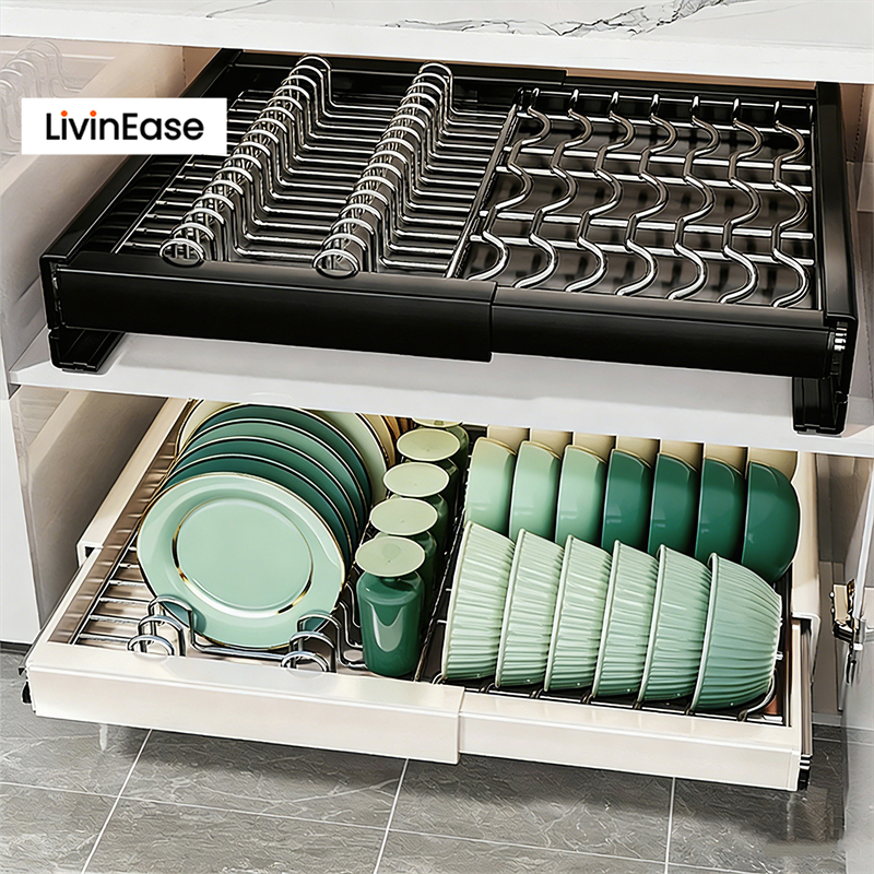 LivinEase ลิวินเอเซ่⭐การติดตั้งแบบไม่เจาะ⭐ตะกร้าแบบดึงออกแบบปรับได้สแตนเลส StorageRack ตู้ชั้นวางจานพร้อมถาดน้ํา