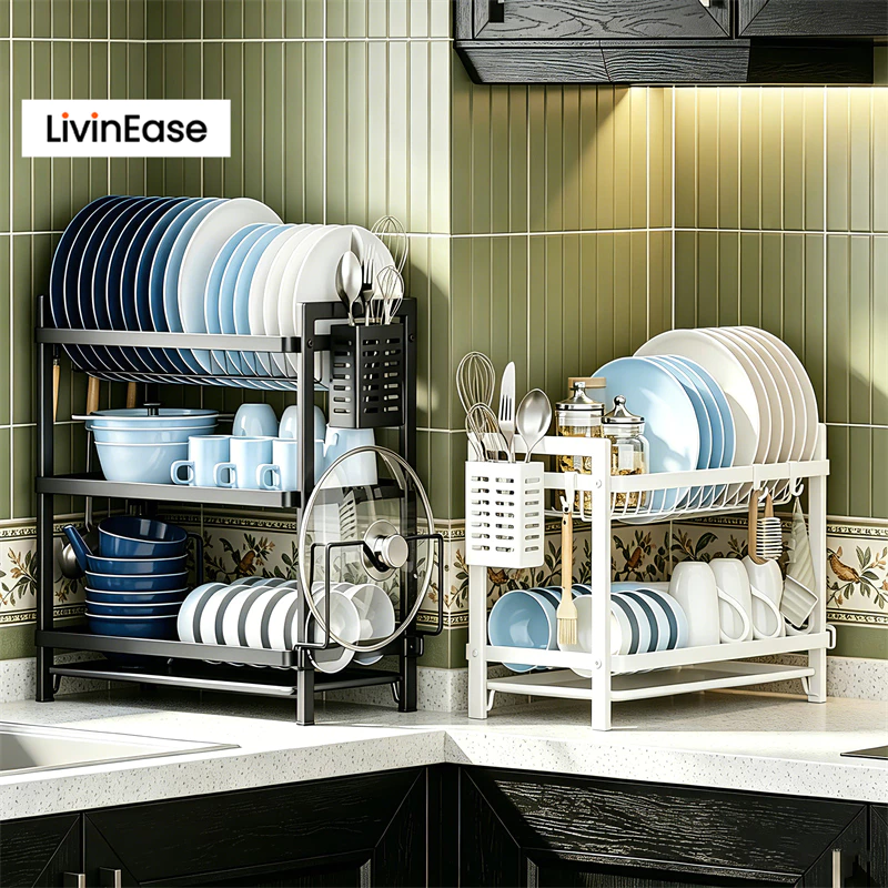 LivinEase ชั้นวางจาน 2/3 ชั้น ชั้นวางจานในครัวพร้อมถาดรองน้ำหยด สไตล์โมเดิร์น