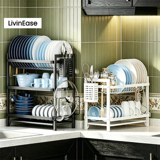 LivinEase ชั้นวางจาน 2/3 ชั้น ชั้นวางจานในครัวพร้อมถาดรองน้ำหยด สไตล์โมเดิร์น