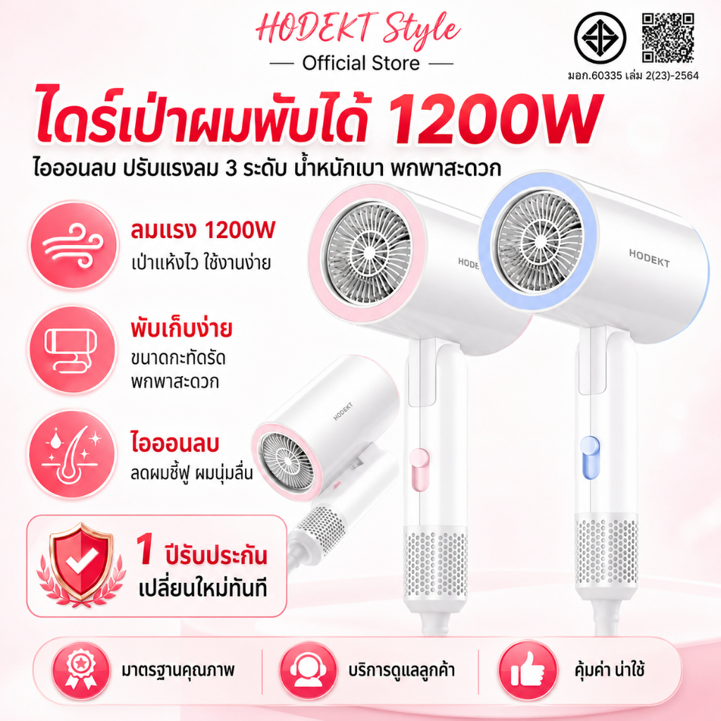 HODEKT ไดร์เป่าผมพับได้ 1200W ไอออนลบ ปรับแรงลม 3 ระดับ น้ำหนักเบา เครื่องเป่าผมพกพา สำหรับใช้ที่บ้านและเดินทาง