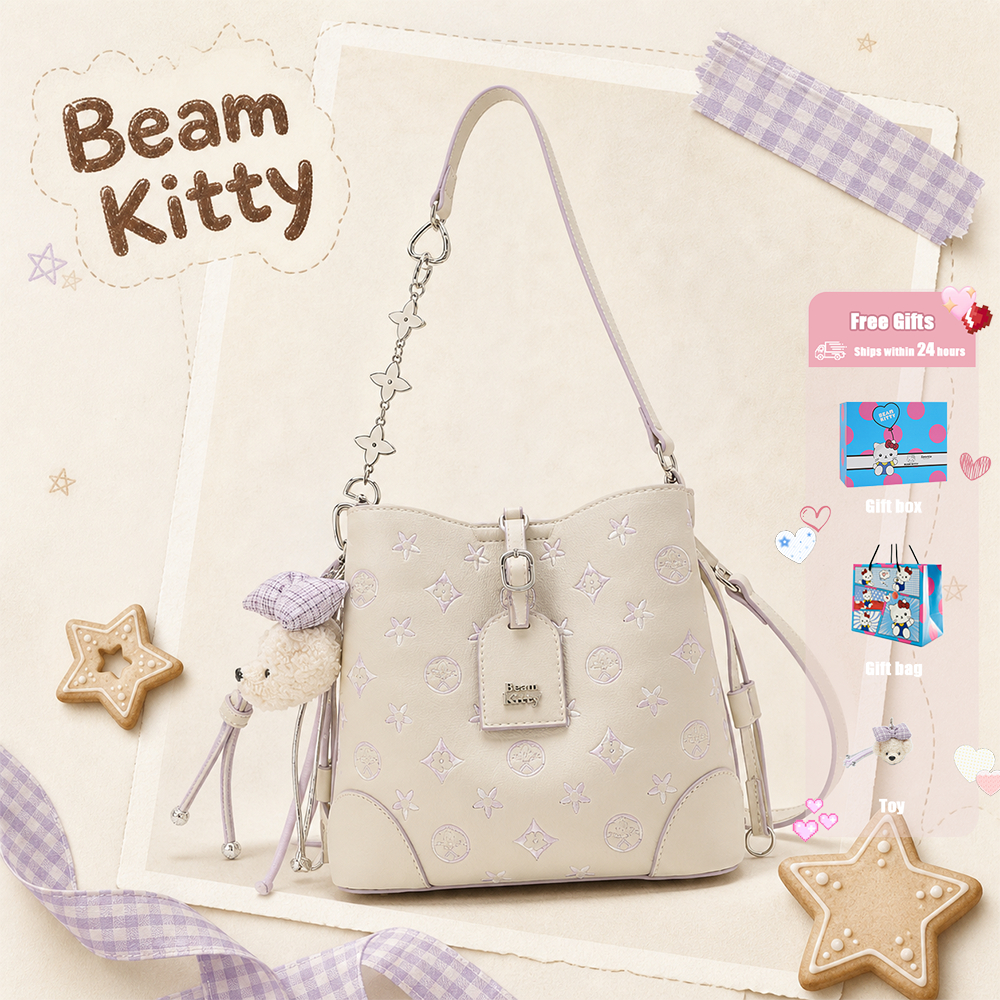 Beam Kitty ปักกระเป๋าถังขนาดเล็ก Taro สีม่วงสาว Messenger กระเป๋า All-Match Underarm Bag Niche Gentle Shoulder Bucket Bag