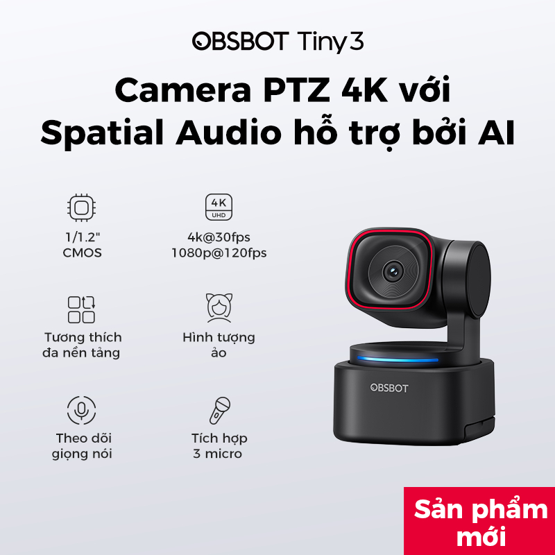 OBSBOT Tiny 3 Lite AI 4K Webcam,PTZ AI-Tracking,1/2" Sensor,Tri-Mic Spatial Audio,120FPS HDR,สําหรับ