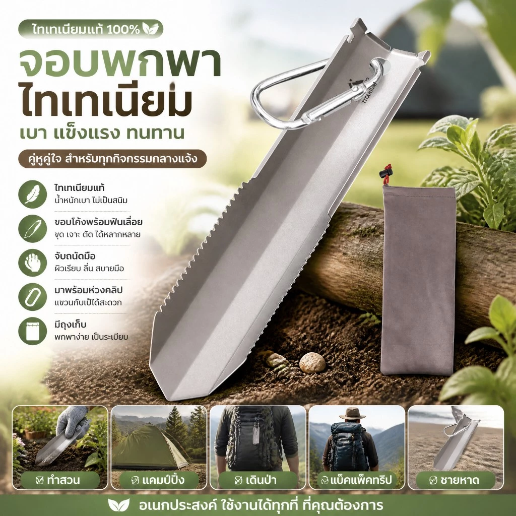 [Lixada Th Mall] เกรียงไทเทเนียม พร้อมคลิปหนีบ สําหรับตั้งแคมป์ เดินป่า กลางแจ้ง