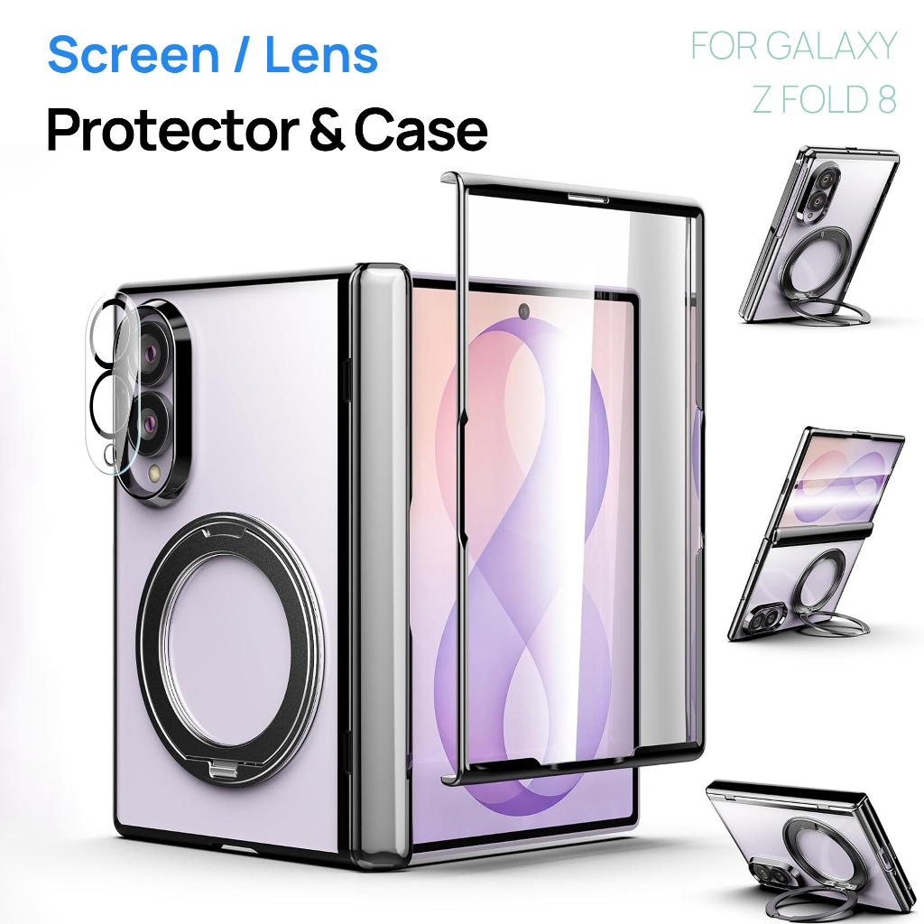 เคส All-in-one ในตัวด้านนอก Scre สําหรับ Samsung Galaxy Z Fold 8 กรณีบานพับฤดูใบไม้ผลิป้องกัน Electroplated พับ Kickstand แม่เหล็กกันกระแทกฝาครอบโทรศัพท์ฟรีตัวป้องกันกล้อง