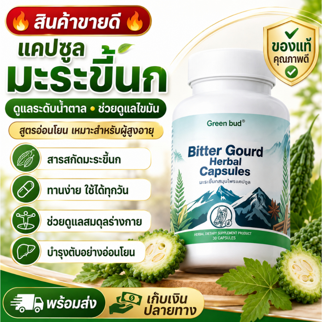สินค้าขายดี แคปซูลลดระดับน้ำตาลในเลือด สารสกัดมะระขี้นก ลดไขมัน เหมาะผู้สูงอายุ ปกป้องตับอย่างอ่อนโย