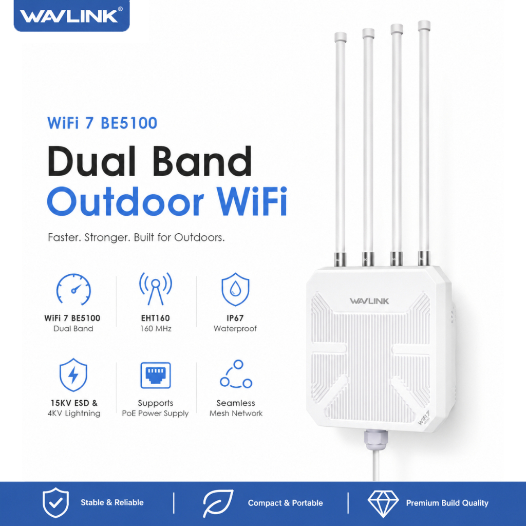 WAVLINK WiFi 7 จุดเชื่อมต่อกลางแจ้งระยะไกลกลางแจ้ง WiFi ตาข่าย Extender พร้อม PoE/Omni-เสาอากาศ/IP67 Weatherproof/2.5G อินเทอร์เน็ตพ่อ