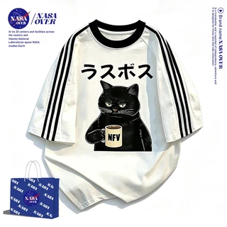 【พร้อมส่ง】🔥NASA ทรงโอเวอร์ไซส์ เสื้อยืด ใส่ได้ทั้งชายหญิง เสื้อ ผ้าฝ้ายแท้100%🐈‍⬛ลายแมวดำ คอกลม แขนสั้นYG1184
