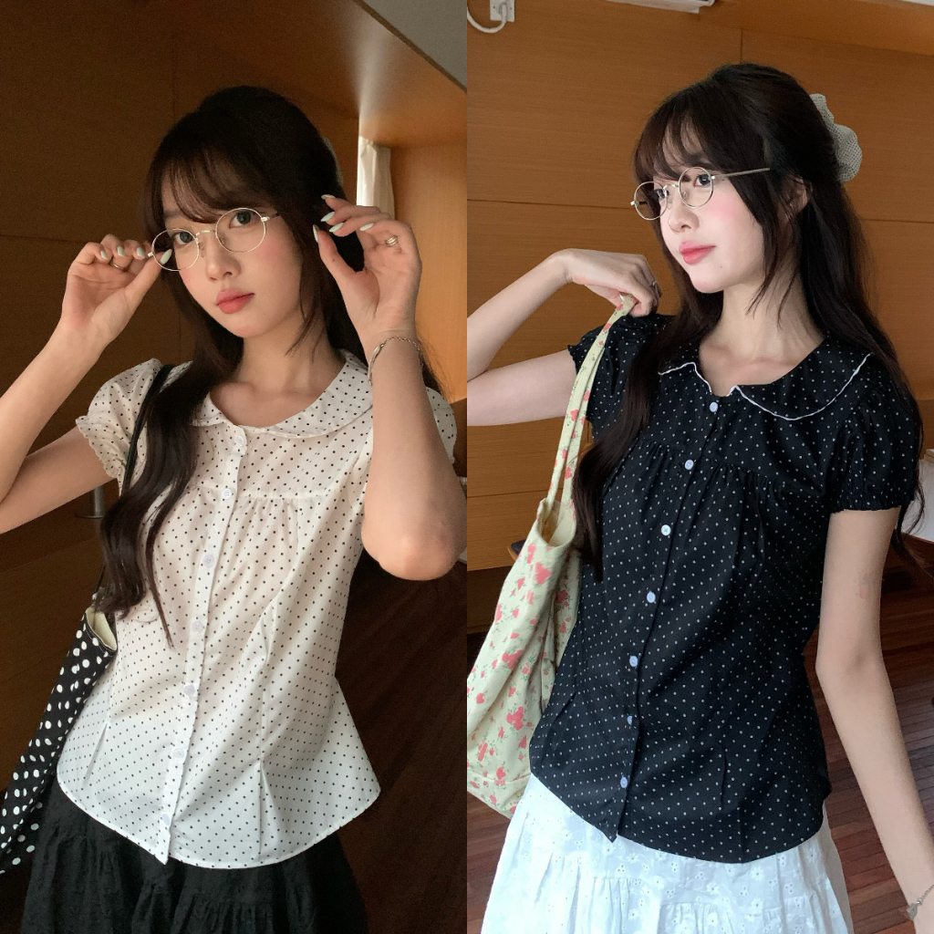 ผู้หญิง จุด เสื้อเชิ้ตแขนสั้น เสื้อลำลองสไตล์เกาหลี