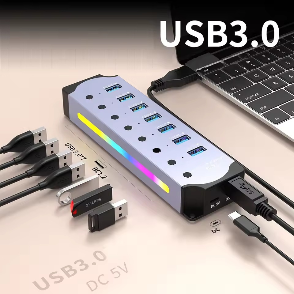 10 in 1 Powered USB HUB USB 3.0 อินเทอร์เฟซสวิตช์ส่วนบุคคล RGB E-Marker การออกแบบการกระจายความร้อน D