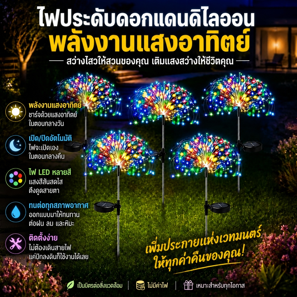 ไฟดอกไม้ไฟพลังงานแสงอาทิตย์กลางแจ้ง, ไอพี65กันน้ํา8โหมดโคมไฟตกแต่งงานปาร์ตี้คริสต์มาสสําหรับลานบ้านสวน