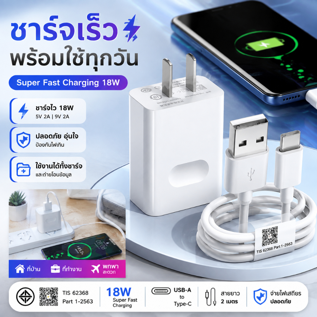 หัวชาร์จ Huawei Super Fast 18W พร้อมสายชาร์จ USB-A to Type-C ยาว 2m ชาร์จเร็ว 5V 2A 9V 2A รองรับมือถ