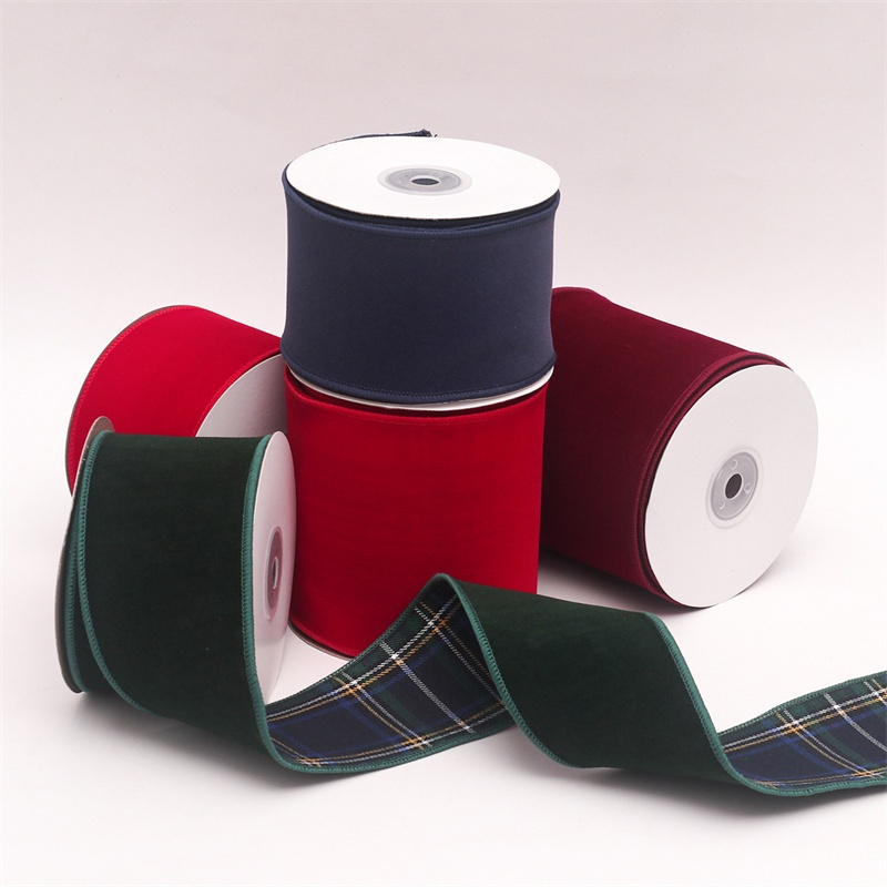 5yards กํามะหยี่คริสต์มาสริบบิ้นขอบลวดสองด้านสีแดงสีเขียวลายสก๊อตริบบิ้นสําหรับงานแต่งงานเค้กบรรจุภั