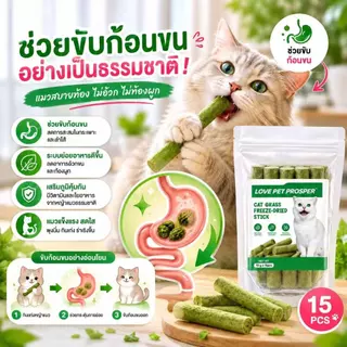 Love Pet Prosper หญ้าแมวฟรีซดราย ขนมหญ้าแมว หญ้าแมวอัดแท่ง ช่วยขับก้อนขน ขัดฟัน เคี้ยวเพลิน สำหรับแมว 15 ชิ้น