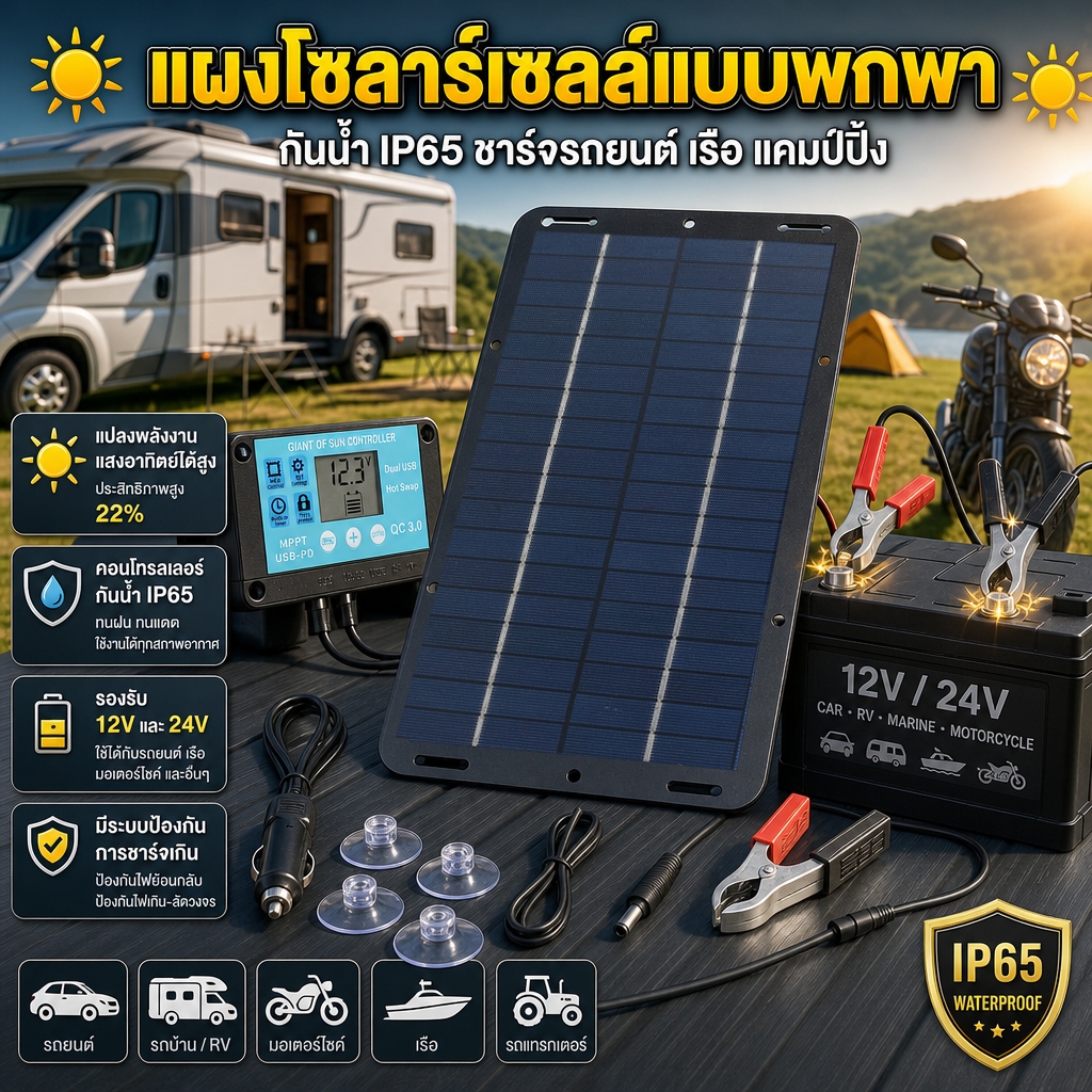 ชุดแผงโซลาร์เซลล์ 12V 30W IP65 กันน้ํา Solar Trickle Charger แบบพกพาพลังงานแสงอาทิตย์แบตเตอรี่ Charger แผงโซลาร์เซลล์แบบพกพา แผงโซลาร์ชาร์จแบตเตอรี่ ตัวควบคุมโซลาร์ MPPT กันน้ำ IP65 ชาร์จรถยนต์ เรือ แคมป์ปิ้ง