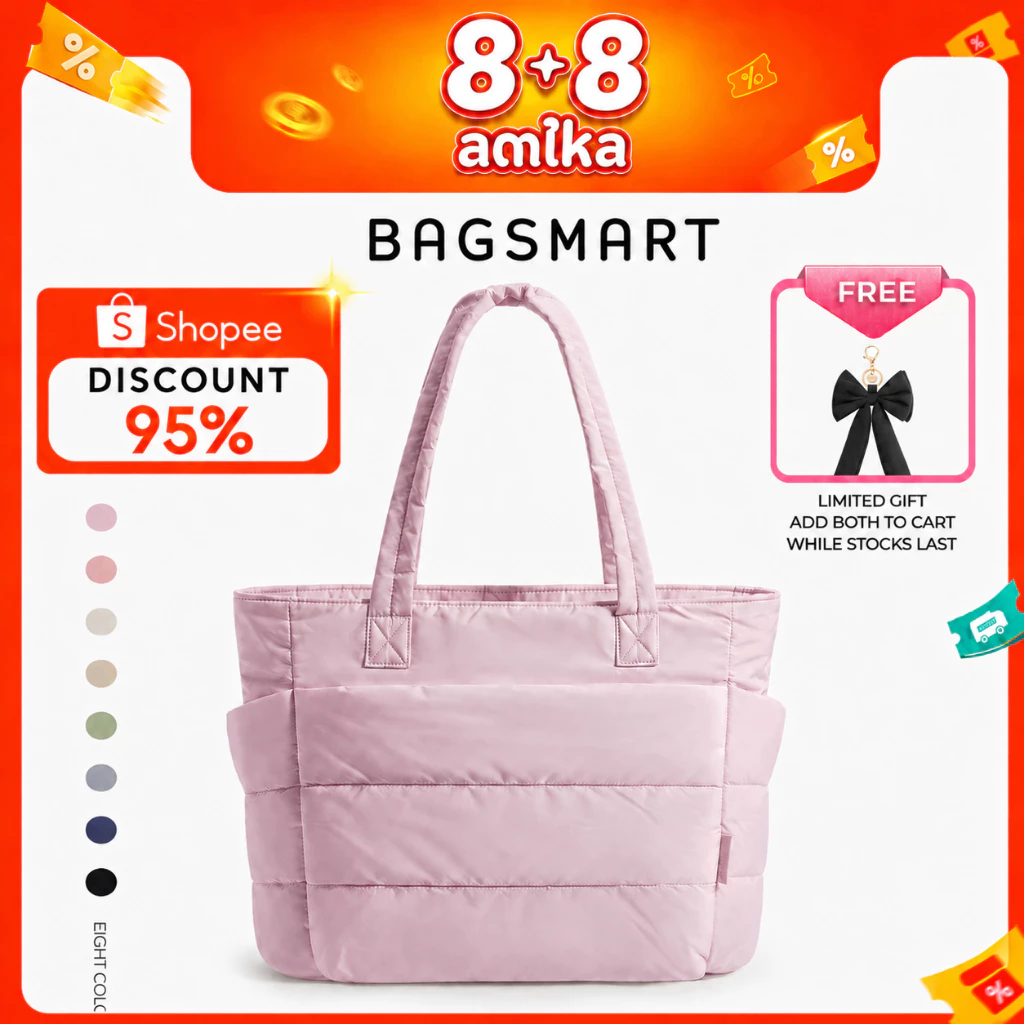 BAGSMART Tote Bag กระเป๋าสะพายผู้หญิง ขนาดใหญ่ มีช่องใส่โน้ตบุ๊ก มีหลายช่อง น้ำหนักเบา ทรงพัฟฟี่