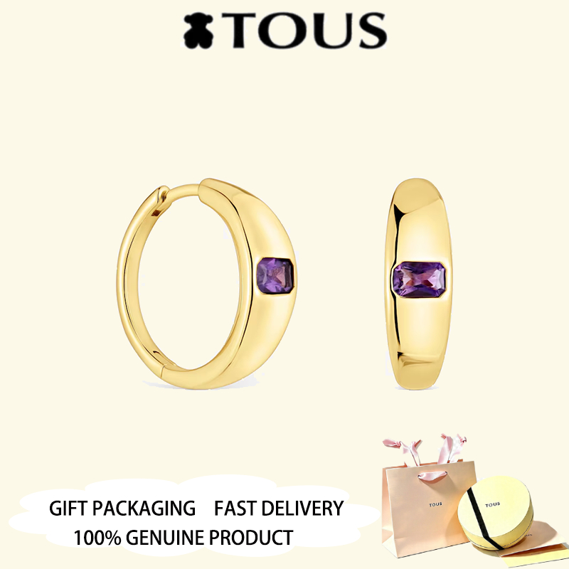 TOUS ต่างหูห่วงสั้นชุบทองและอเมทิสต์ TOUS สีพื้นฐานเครื่องประดับวันวาเลนไทน์