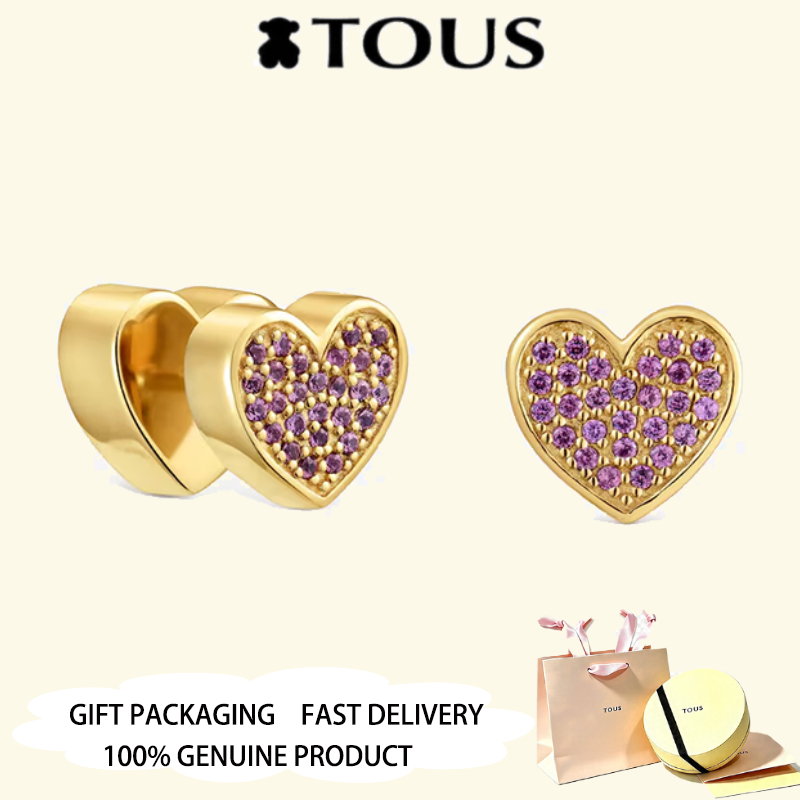 TOUS ต่างหูหัวใจชุบทองพร้อมโรโดไลท์ TOUS 1950 เครื่องประดับวันวาเลนไทน์ครบรอบ