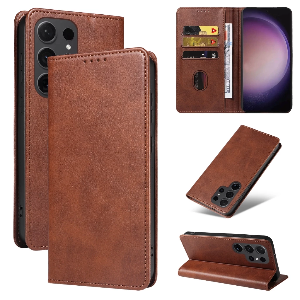 Faux Cowhide Texture Magnetic Flip Case สําหรับ Samsung Galaxy S26 S25 S24 S23 S22 กระเป๋าสตางค์ขาตั้งกันกระแทก