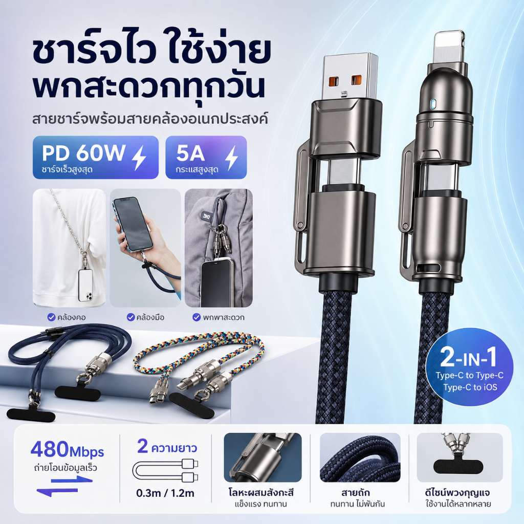 สายชาร์จ Type-C to Type-C / Type-C to iOS PD 60W 5A ชาร์จเร็ว ถ่ายโอนข้อมูล 480Mbps สายถักโลหะผสมสัง