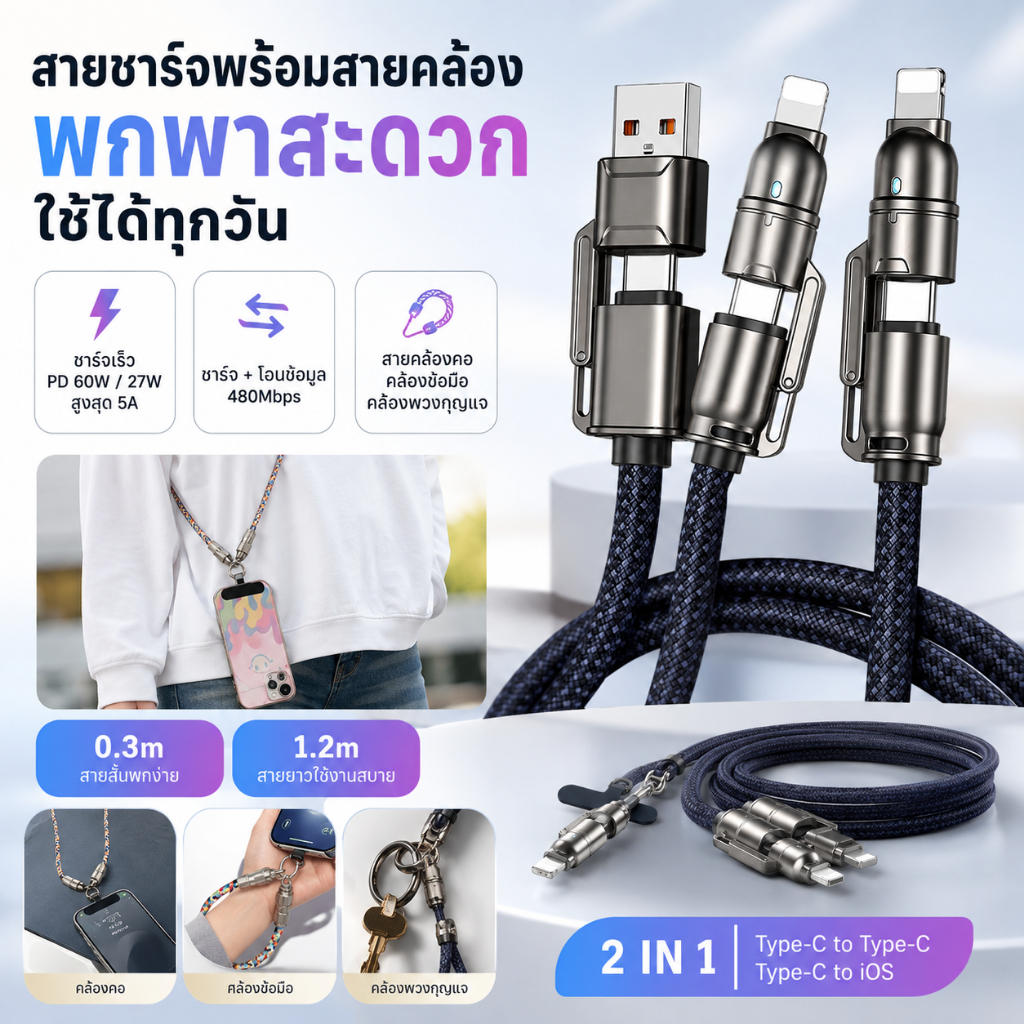 สายชาร์จ Type-C C to C / C to iOS PD60W 27W ชาร์จเร็ว ถ่ายโอนข้อมูล 0.3m 1.2m สายถักหัวโลหะ สายคล้อง
