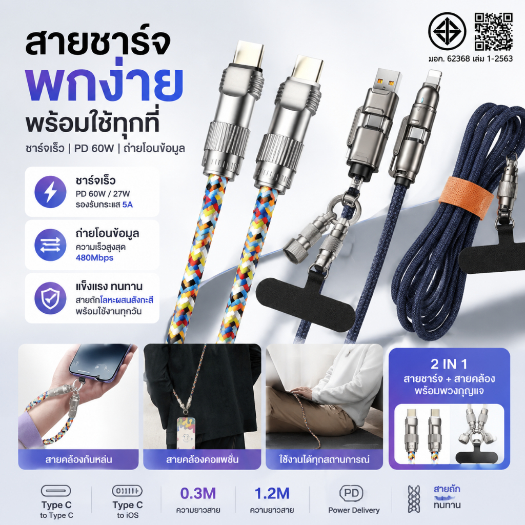 สายชาร์จ Type C PD 60W 5A สายข้อมูล C-C / CL ชาร์จเร็ว ถ่ายโอนข้อมูล 480Mbps สายถักโลหะผสมสังกะสี 0.