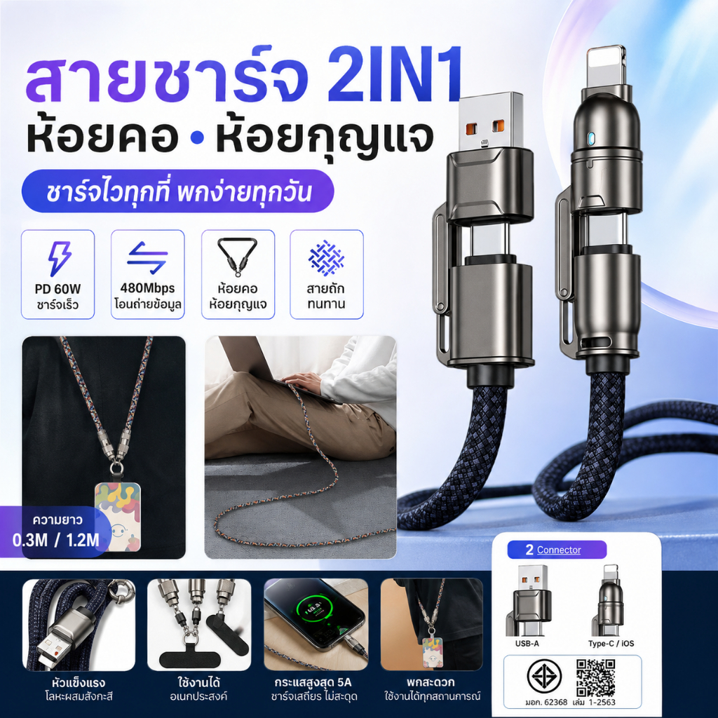 สายชาร์จ Type-C PD 60W/27W สายดาต้า C-C/CL สายถักโลหะผสมสังกะสี ชาร์จเร็ว 5A โอนถ่ายข้อมูล 480Mbps 0