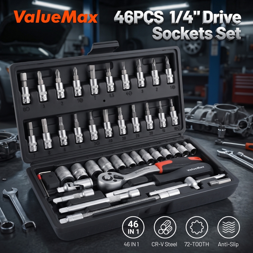 VALUEMAX 46ชิ้น1/4 " ประแจบล็อก ไดรฟ์ซ็อกเก็ตชุดเครื่องมือมือกลกล่องเครื่องมือรถรถจักรยานยนต์ชุดซ่อม