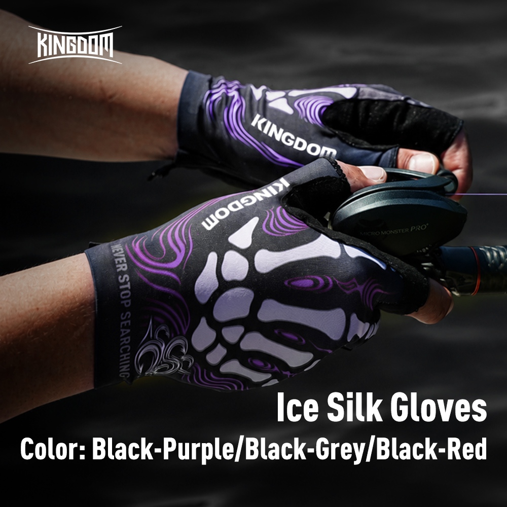 KINGDOM ผ้าไหมน้ําแข็ง Fingerless ตกปลาถุงมือ Breathable น้ําหนักเบา Anti-Slip ไมโครไฟเบอร์ปาล์มถุงมือขยายข้อมือ & Snap ปุ่มสําหรับ Anglers Lure ตกปลากีฬากลางแจ้ง