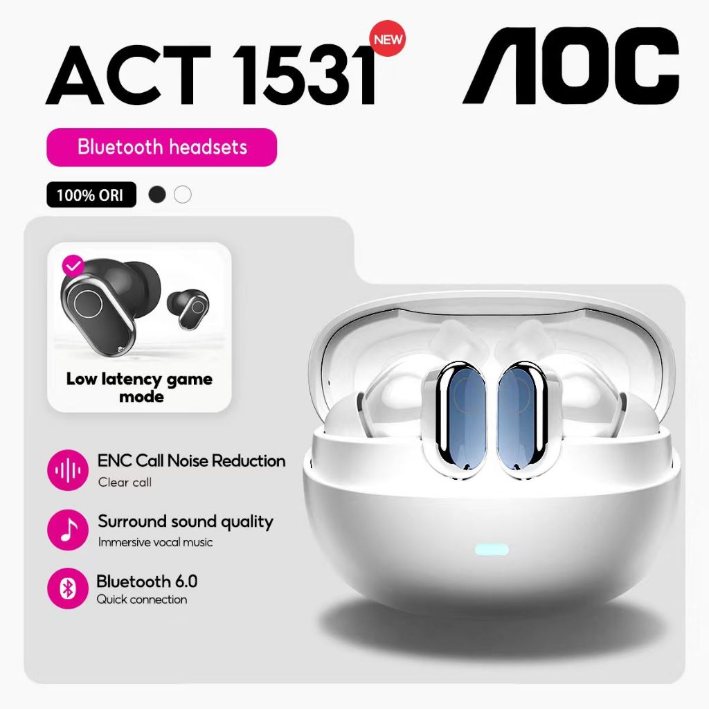 AOC ACT-1531 หูฟังไร้สาย TWS บลูทูธ 6.0, 360 เสียงรอบทิศทางเชิงพื้นที่ไดอะแฟรมที่กําหนดเอง, หูฟังสําหรับเล่นเกม Latency ต่ํา, ระบบควบคุมแบบสัมผัสเวลาเล่น 20 ชม. เข้ากันได้กับ iOS Android
