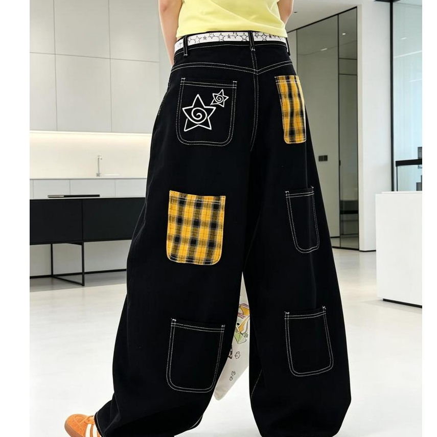 Laterme S-4XL ทรงโอเวอร์ไซส์ กางเกงยีนส์ขากว้างสไตล์ฮิปฮอปสตรีท นส์เอวสูงขากว้าง