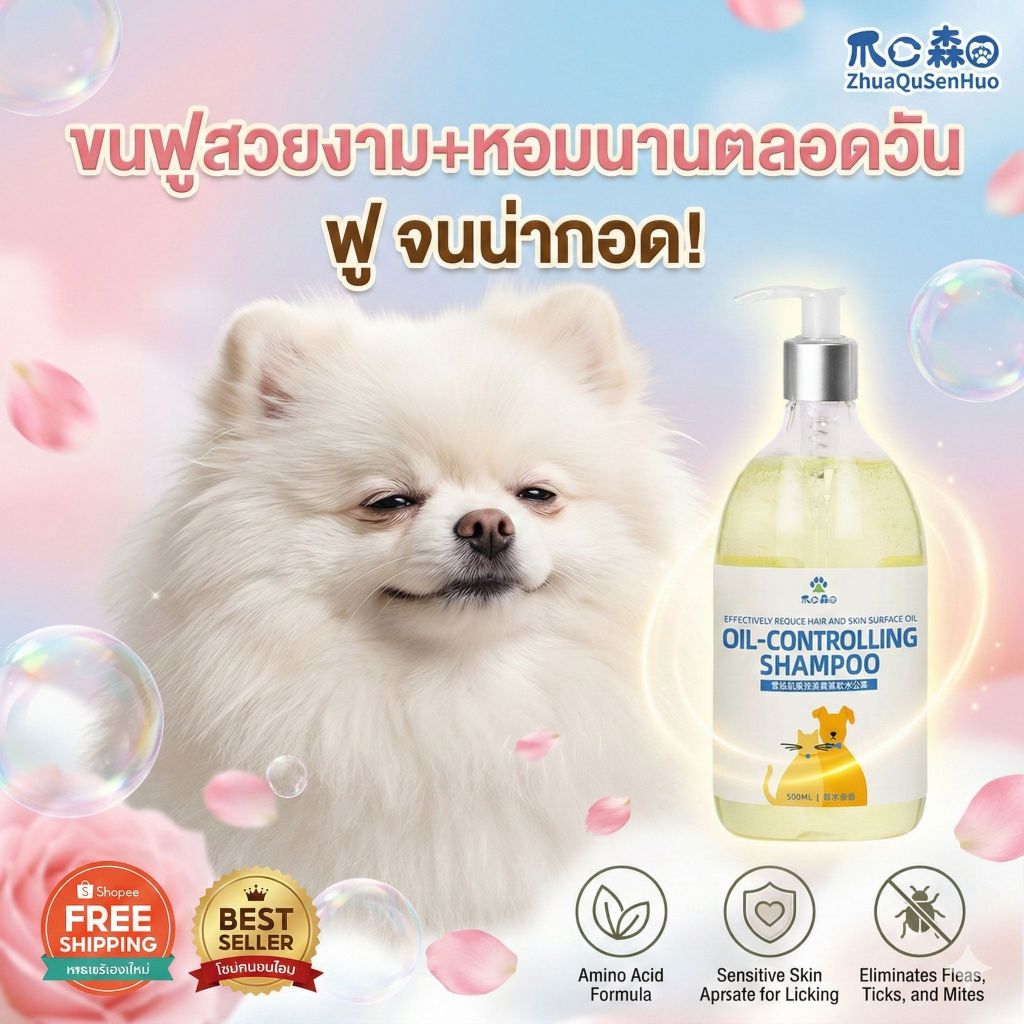 แชมพูหมาแมว ขจัดความมัน สูตร Amino Acid แก้เชื้อรา ลดขนร่วง แก้คัน กำจัดเห็บหมัดไร สมุนไพรธรรมชาติ ปลอดภัย 500ml