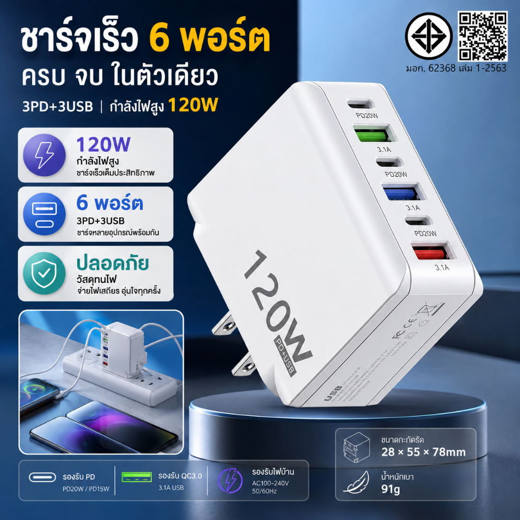 6-Port 120W 3PD+3USB PD20W PD15W QC3.0 USB Type C อะแดปเตอร์ชาร์จอัจฉริยะสําหรับสมาร์ทโฟนและผลิตภัณฑ
