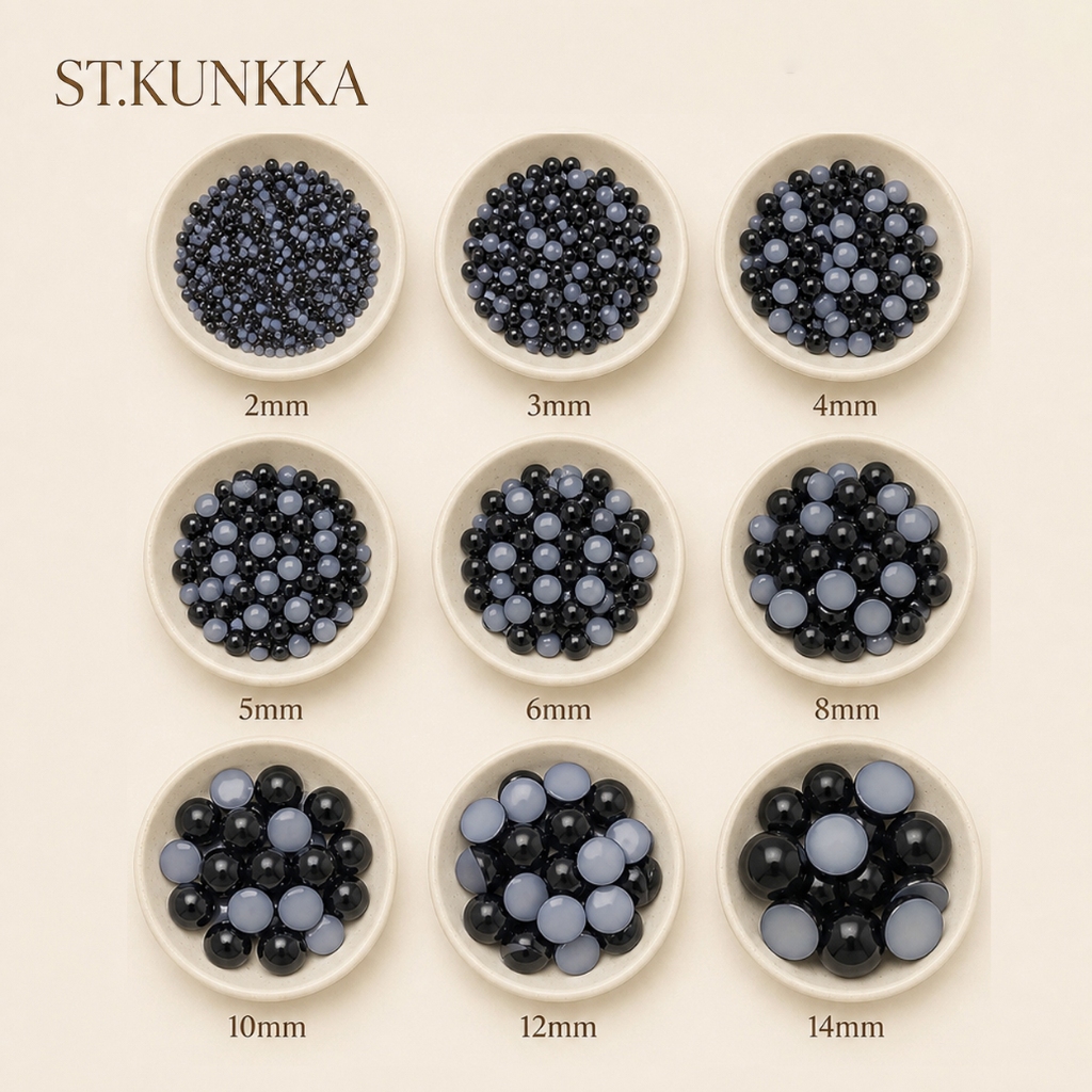 St.kunkka แพ็คละ 50-500 ชิ้น ขนาด2, 3,4,5,6,8,10,12,14 มม. ตาตุ๊กตา ไข่มุกสีดำแบบครึ่งวงกลม ใช้ด้ายเย็บติดตกแต่งตุ๊กตา