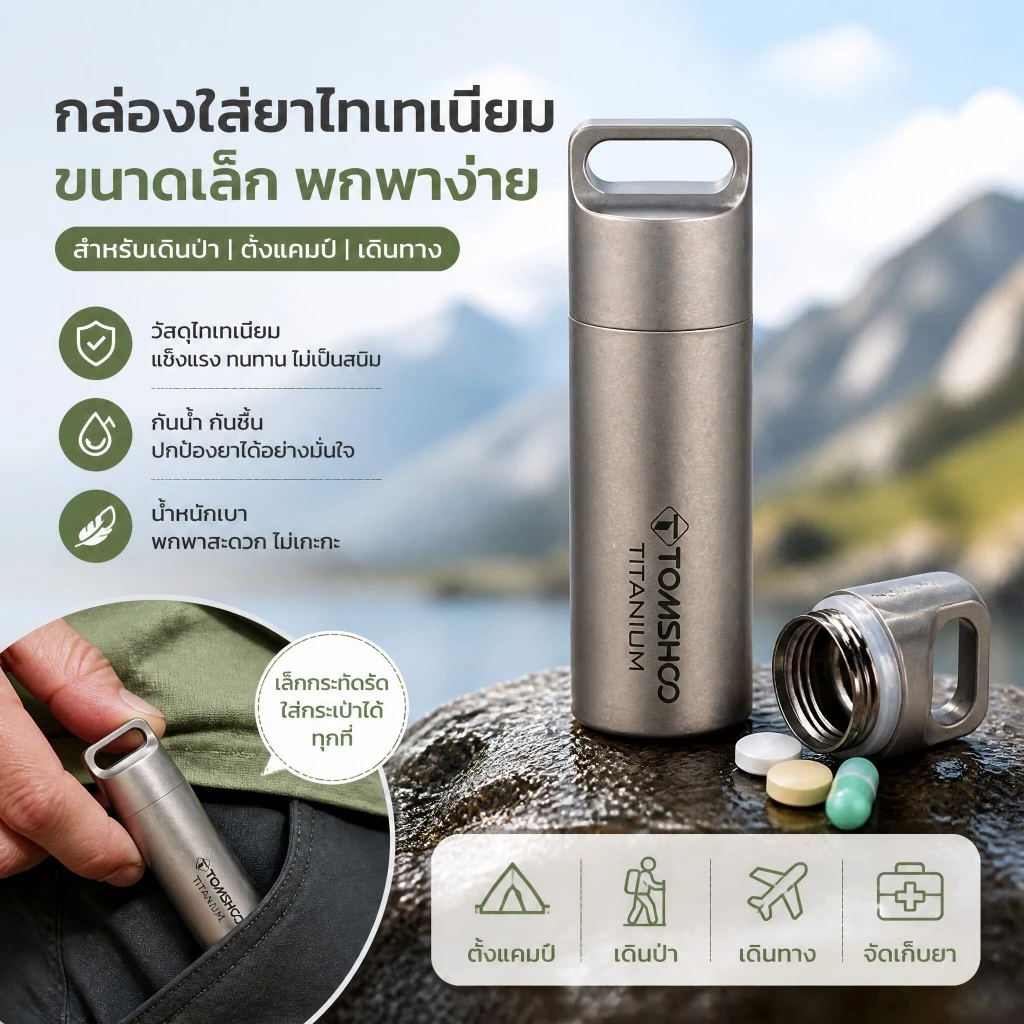 [LIXADA Mall] TOMSHOO Titanium Pill Case Waterproof Mini Pill Holder Pocket Pill Box Container for Outdoor Travel Camping Hiking