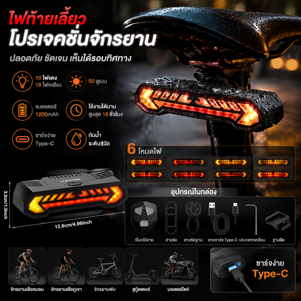 AS ไฟท้ายจักรยาน Projector พร้อมไฟเลี้ยว 6โหมด USB-C 1200mAh แบตใหญ่ กันน้ำ ขี่กลางคืนปลอดภัย