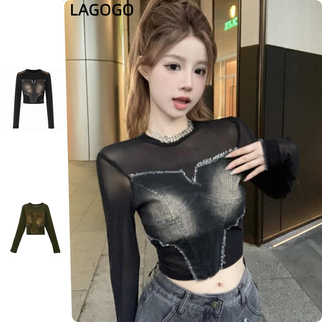 เสื้อยืดแขนยาวผู้หญิงเย็บโปร่งใสเล็กน้อยผ้ากอซย้อนยุคเซ็กซี่เรียบง่ายทั้งหมด