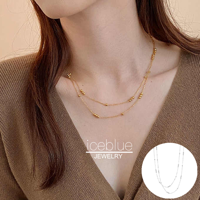 iceblue-สร้อยคอโซ่สองชั้นลูกปัดหลายขนาดโทนเงินทองบอบบาง ชุบทอง18K ทำจากสแตนเลส กันน้ำ กันเหงื่อ ไม่ซีดสี ละเอียดอ่อน เหมาะสวมใส่ประจำวัน สำหรับสุภาพสตรี N41