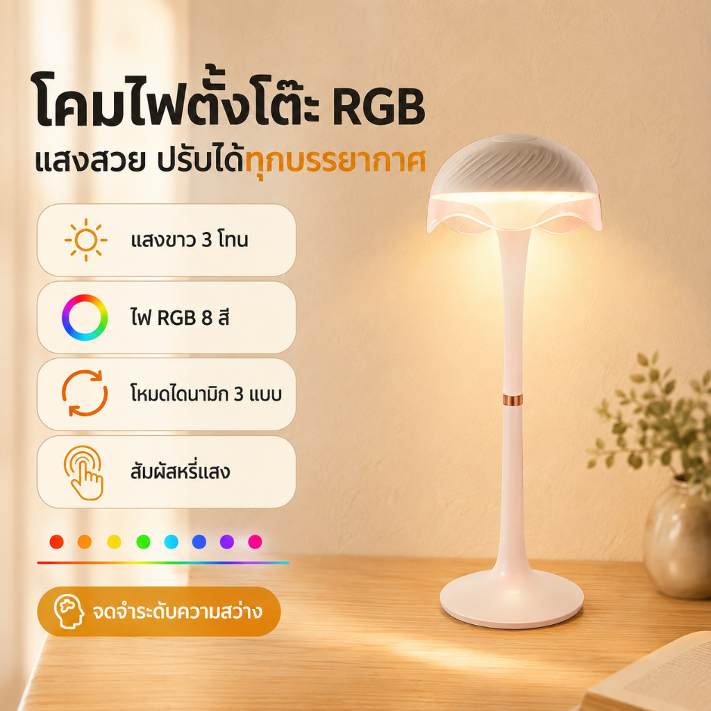 โคมไฟตั้งโต๊ะ RGB สัมผัส ไฟป้องกันดวงตา ใช้สำหรับอ่านหนังสือและทำงาน ตกแต่งห้องนอน ห้องนั่งเล่น หรือโรงแรม ไฟนวลตา พร้อมโหมดสีสัน | LULIN