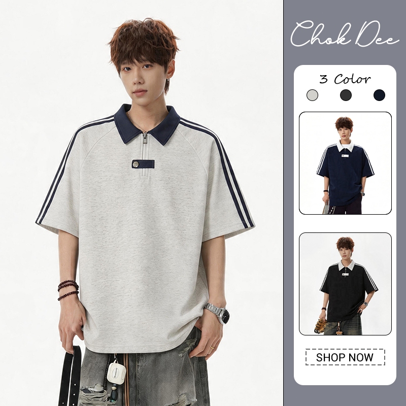 ผู้ชายครึ่งซิปคมชัดปกเสื้อโปโลลายหลวมผ้าฝ้ายผสมสบายๆอเนกประสงค์ สตรีทแวร์ 3สีสําหรับโรงเรียนทุกวันและทํางาน